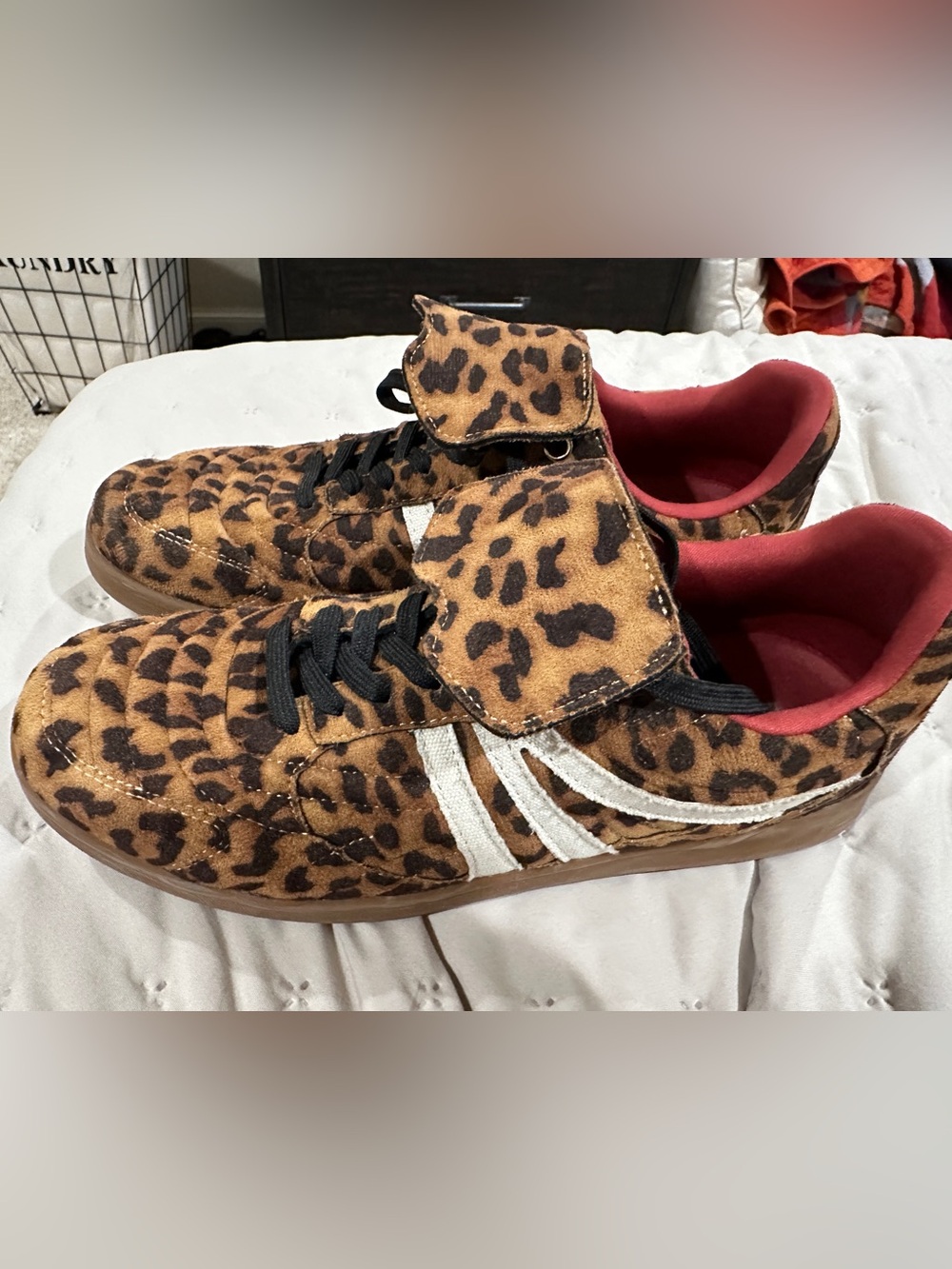 Steve Madden Leopard Print Sneakers with White Stripes and Red Lining